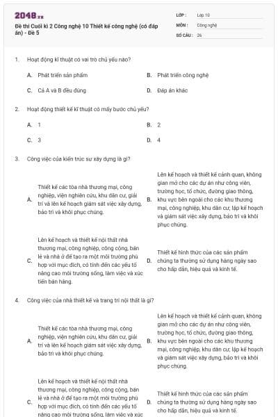 Đề thi Cuối kì 2 Công nghệ 10 Thiết kế công nghệ (có đáp án) - Đề 5