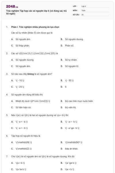 Trắc nghiệm Tập hợp các số nguyên lớp 6 (có đúng sai, trả lời ngắn)