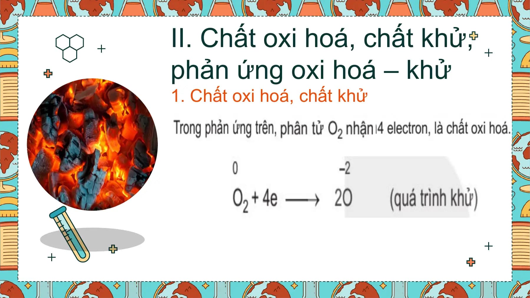 II. Chất oxi hoá, chất khử,
phản ứng oxi hoá – khử
1. Chất oxi hoá, chất khử