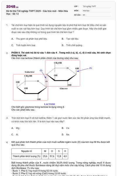 Đề thi thử Tốt nghiệp THPT 2025 - Cấu trúc mới - Môn Hóa Học - Đề 13