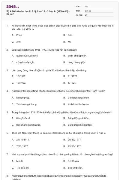 Bộ 4 Đề kiểm tra học kì 1 Lịch sử 11 có đáp án (Mới nhất) - Đề số 1