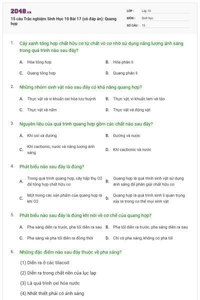 15 câu Trắc nghiệm Sinh Học 10 Bài 17 (có đáp án): Quang hợp