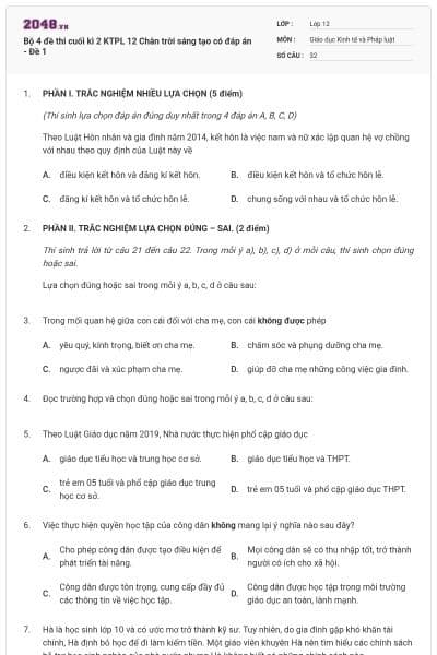 Bộ 4 đề thi cuối kì 2 KTPL 12 Chân trời sáng tạo có đáp án - Đề 1