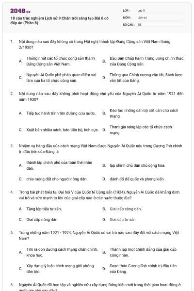18 câu trắc nghiệm Lịch sử 9 Chân trời sáng tạo Bài 6 có đáp án (Phần 6)