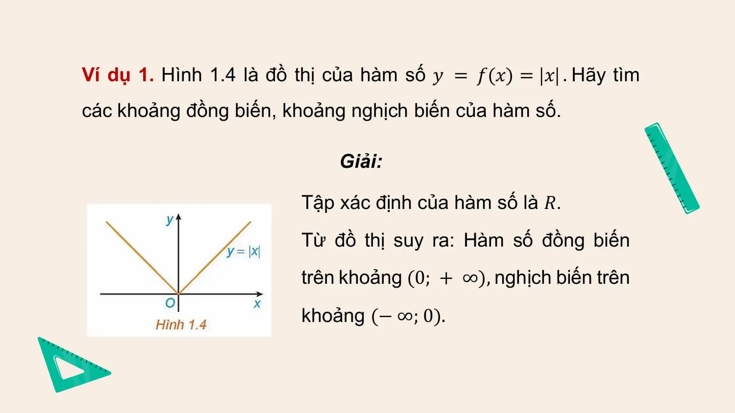 Ví dụ 1. Hình 1.4 là đồ thị của hàm số 𝑦 = 𝑓(𝑥) = 𝑥 . Hãy tìm
các khoảng đồng biến, khoảng nghịch biến của hàm số.

 Giải:

 Tập xác định của hàm số là 𝑅.
 Từ đồ thị suy ra: Hàm số đồng biến
 trên khoảng (0; + ∞), nghịch biến trên
 khoảng (− ∞; 0).