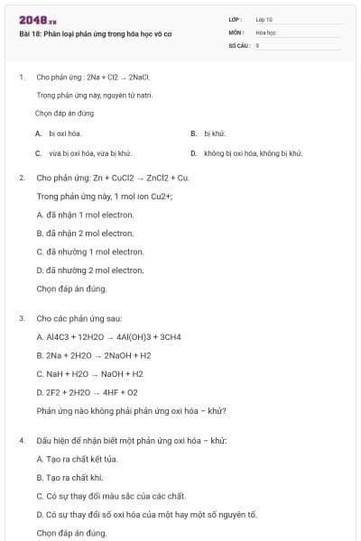 Bài 18: Phân loại phản ứng trong hóa học vô cơ