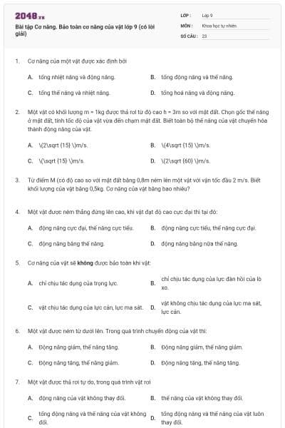 Bài tập Cơ năng. Bảo toàn cơ năng của vật lớp 9 (có lời giải)