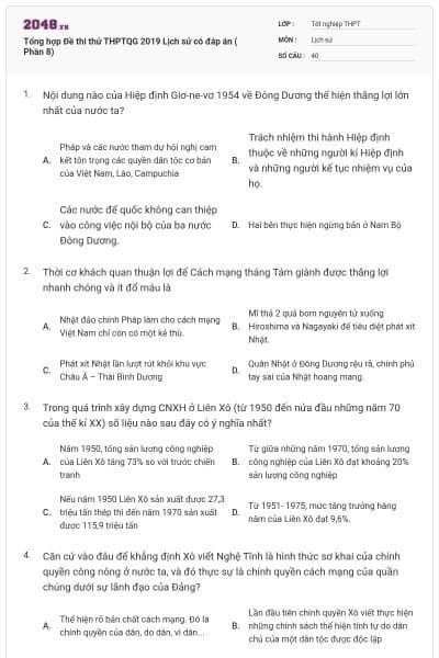 Tổng hợp Đề thi thử THPTQG 2019 Lịch sử có đáp án ( Phần 8)