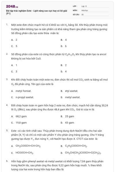 Bài tập trắc nghiệm Este - Lipit nâng cao cực hay có lời giải (P1)