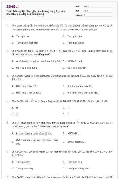 7 câu Trắc nghiệm Tam giác cân. Đường trung trực của đoạn thẳng có đáp án (Thông hiểu)