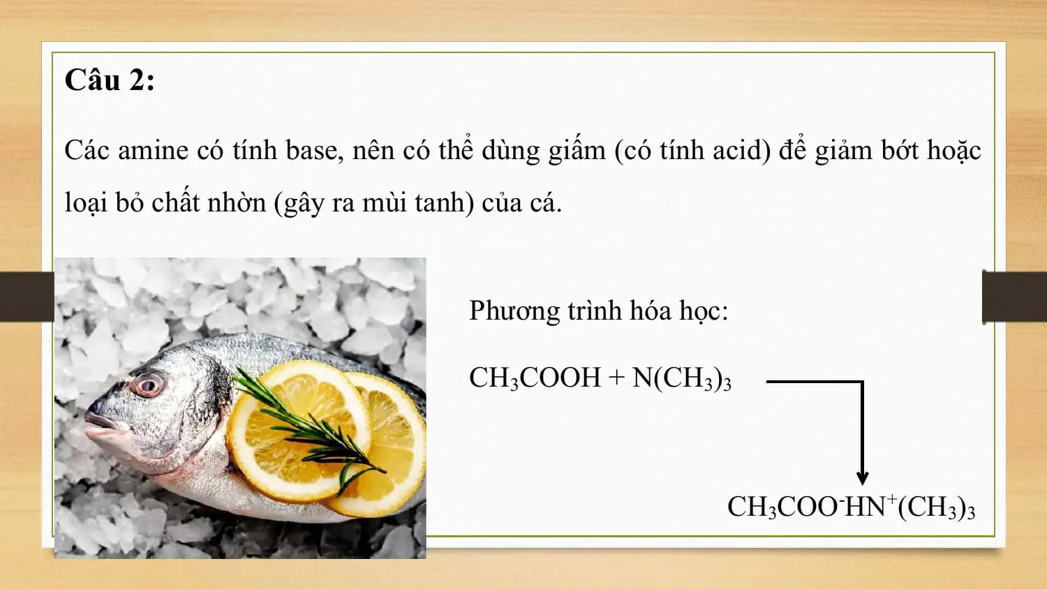 Câu 2:

Các amine có tính base, nên có thể dùng giấm (có tính acid) để giảm bớt hoặc
loại bỏ chất nhờn (gây ra mùi tanh) của cá.

 Phương trình hóa học:

 CH3COOH + N(CH3)3

 CH3COO-HN+(CH3)3