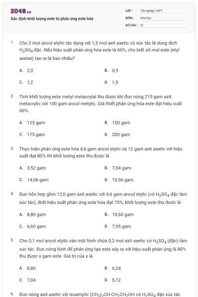 Xác định khối lượng este từ phản ứng este hóa