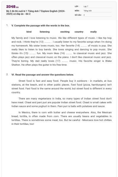 Bộ 2 đề thi cuối kì 1 Tiếng Anh 7 Explore English (2024-2025) có đáp án - Đề 2