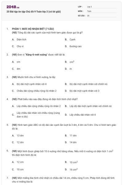 20 Bài tập ôn tập Chủ đề 9 Toán lớp 3 (có lời giải)