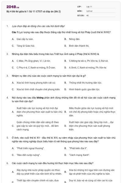Bộ 4  Đề thi giữa kì 1 Sử 11 CTST có đáp án (Đề 2)