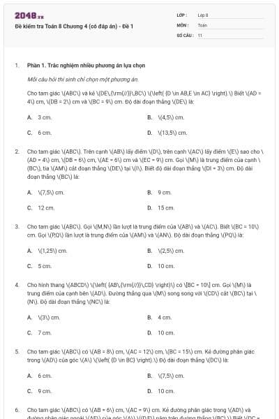 Đề kiểm tra Toán 8 Chương 4 (có đáp án) - Đề 1