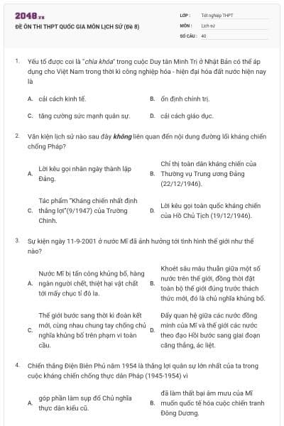 ĐỀ ÔN THI THPT QUỐC GIA MÔN LỊCH SỬ (Đề 8)