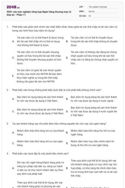500+ câu trắc nghiệm tổng hợp Ngân hàng thương mại có đáp án - Phần 11