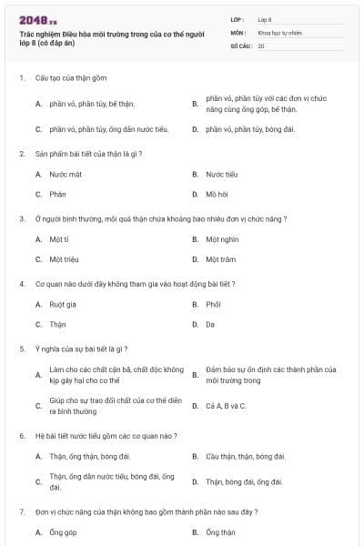 Trắc nghiệm Điều hòa môi trường trong của cơ thể người lớp 8 (có đáp án)