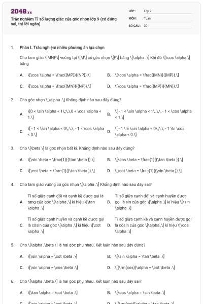 Trắc nghiệm Tỉ số lượng giác của góc nhọn lớp 9 (có đúng sai, trả lời ngắn)