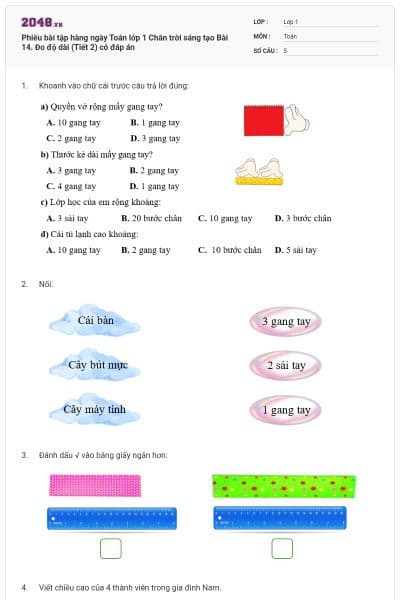 Phiếu bài tập hàng ngày Toán lớp 1 Chân trời sáng tạo Bài 14. Đo độ dài (Tiết 2) có đáp án