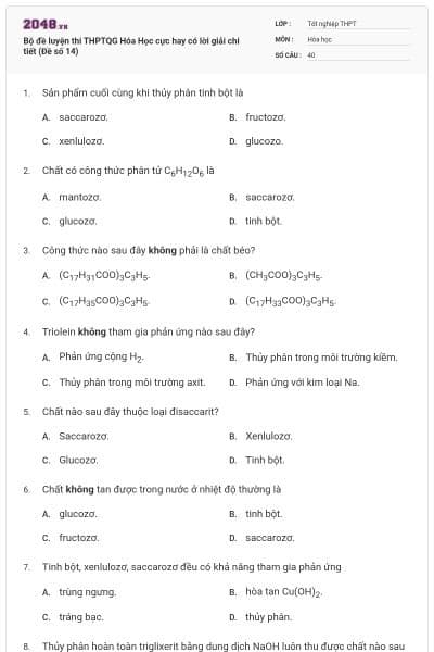 Bộ đề  luyện thi THPTQG Hóa Học cực hay có lời giải chi tiết (Đề số 14)
