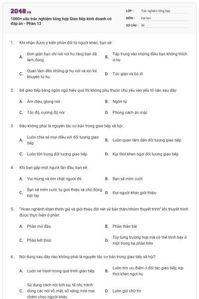 1000+ câu trắc nghiệm tổng hợp Giao tiếp kinh doanh có đáp án - Phần 13