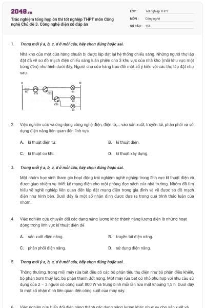 Trắc nghiệm tổng hợp ôn thi tốt nghiệp THPT môn Công nghệ Chủ đề 3. Công nghệ điện có đáp án
