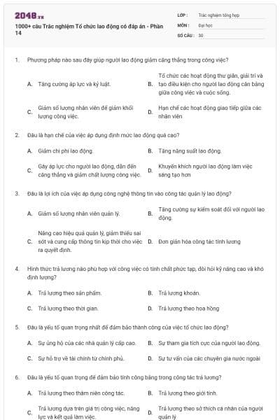 1000+ câu Trắc nghiệm Tổ chức lao động có đáp án - Phần 14