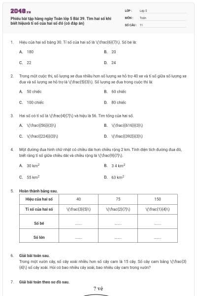 Phiếu bài tập hàng ngày Toán lớp 5 Bài 39. Tìm hai số khi biết hiệuvà tỉ số của hai số đó (có đáp án)