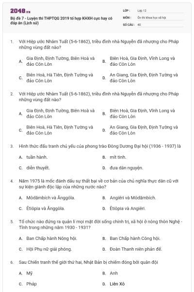Bộ đề 7 - Luyện thi THPTQG 2019 tổ hợp KHXH cực hay có đáp án (Lịch sử)