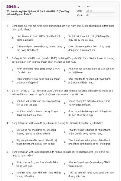 70 câu trắc nghiệm Lịch sử 12 Cánh diều Bài 10 (Có đúng sai) có đáp án - Phần 2