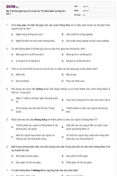 Bộ 2 đề thi giữa học kì 2 Lịch sử 10 Cách diều có đáp án - Đề 1