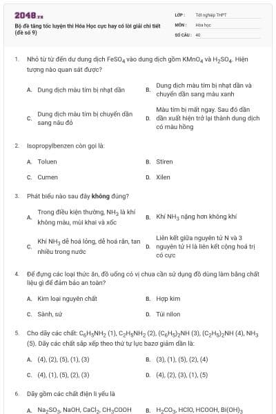 Bộ đề tăng tốc luyện thi Hóa Học cực hay có lời giải chi tiết (đề số 9)