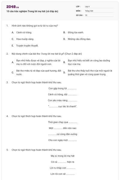 10 câu trắc nghiệm Trong lời mẹ hát (có đáp án)