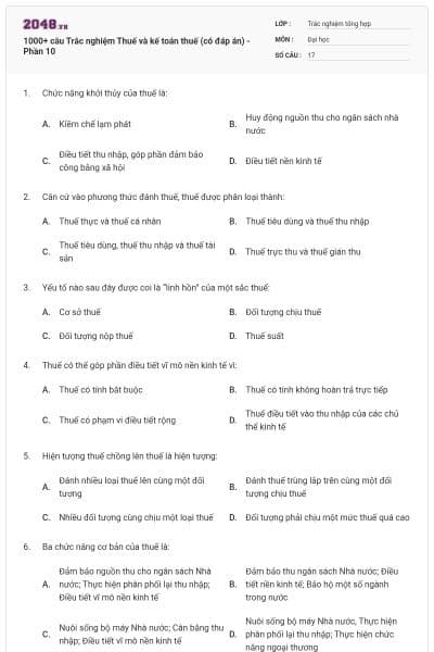 1000+ câu Trắc nghiệm Thuế và kế toán thuế (có đáp án) - Phần 10