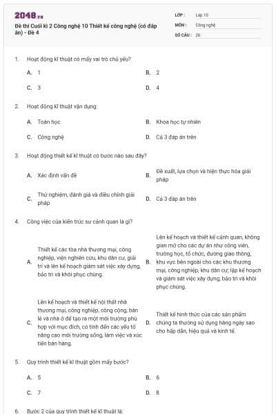 Đề thi Cuối kì 2 Công nghệ 10 Thiết kế công nghệ (có đáp án) - Đề 4