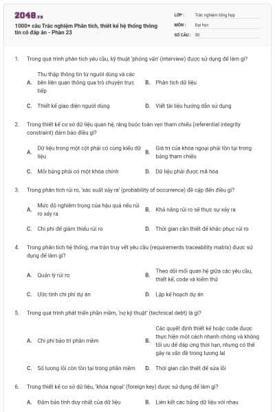 1000+ câu Trắc nghiệm Phân tích, thiết kế hệ thống thông tin có đáp án - Phần 23