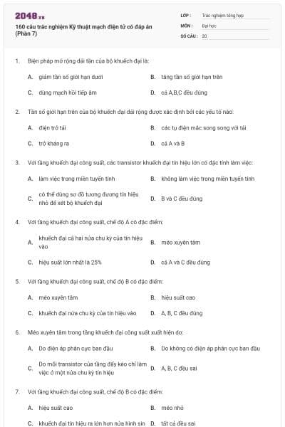 160 câu trắc nghiệm Kỹ thuật mạch điện tử có đáp án (Phần 7)
