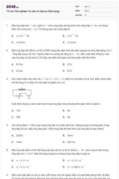 15 câu  Trắc nghiệm Tự cảm có đáp án (Vận dụng)