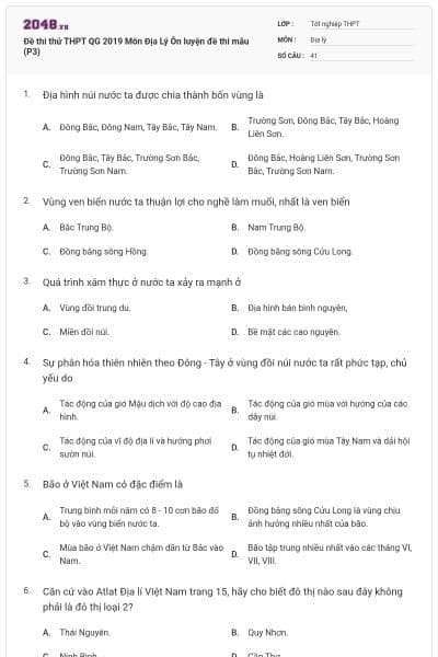 Đề thi thử THPT QG 2019 Môn Địa Lý Ôn luyện đề thi mẫu (P3)