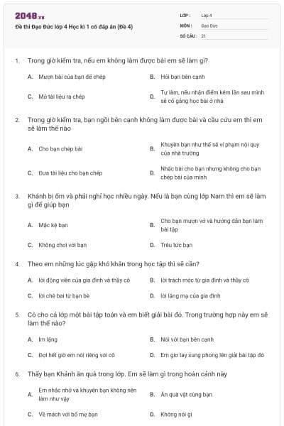 Đề thi Đạo Đức lớp 4 Học kì 1 có đáp án (Đề 4)