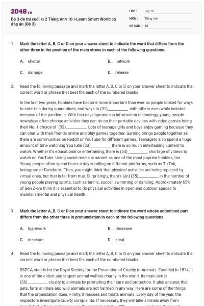 Bộ 3 đề thi cuối kì 2 Tiếng Anh 10 i-Learn Smart World có đáp án (Đề 3)