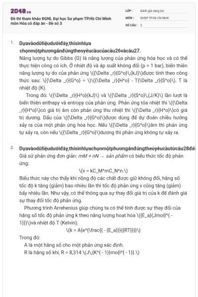 Đề thi tham khảo ĐGNL Đại học Sư phạm TP.Hồ Chí Minh môn Hóa có đáp án - Đề số 3