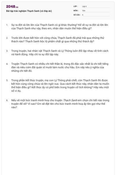 Bài tập trắc nghiệm Thạch Sanh (có đáp án) 