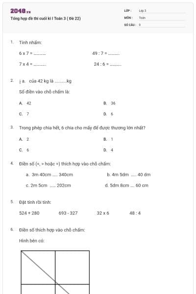 Tổng hợp đề thi cuối kì I Toán 3 ( Đề 22)