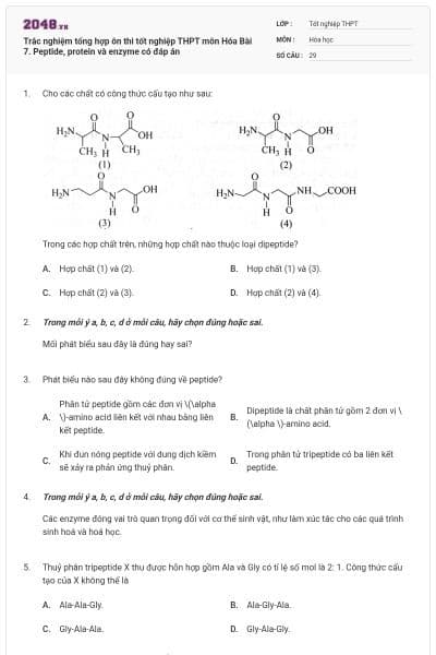 Trắc nghiệm tổng hợp ôn thi tốt nghiệp THPT môn Hóa Bài 7. Peptide, protein và enzyme có đáp án