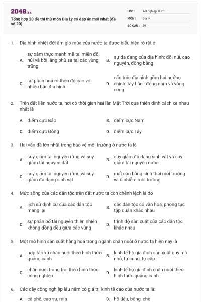 Tổng hợp 20 đề thi thử môn Địa Lý có đáp án mới nhất (đề số 20)