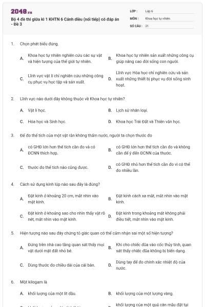 Bộ 4 đề thi giữa kì 1 KHTN 6 Cánh diều (nối tiếp) có đáp án - Đề 3