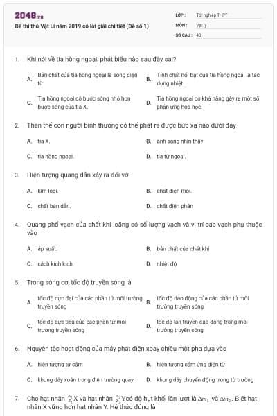 Đề thi thử Vật Lí năm 2019 có lời giải chi tiết (Đề số 1)